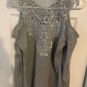 Gray Cold-Shoulder Top with Lace Appliqué